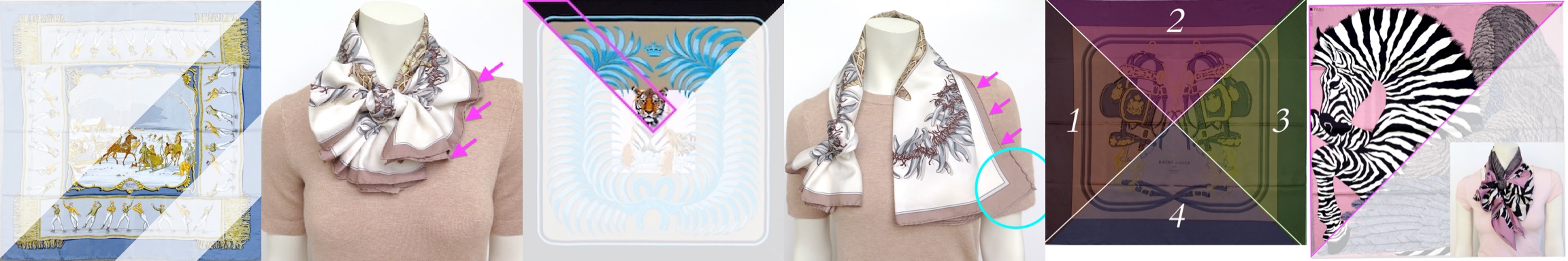 Square scarves styled in different ways