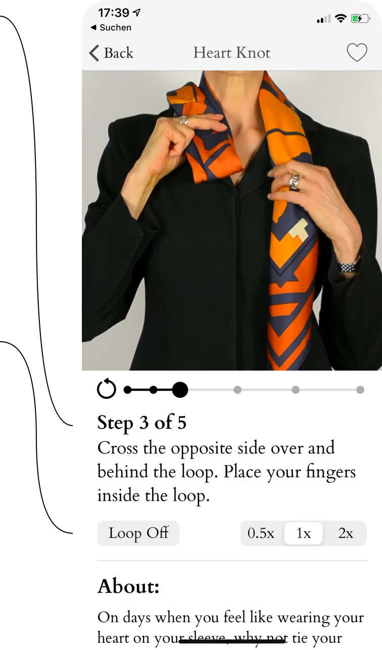 Scarf Art tutorial showing written instructions and loop controls